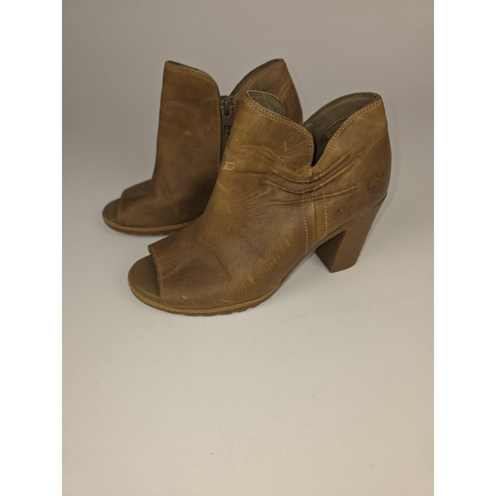 Timberland Glancy Ruched Peep Toe Side Zip Booties Antiqued Brown Sz 9